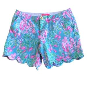 Lilly Pulitzer knit scalloped hem shorts pink blue green fish Sz 12